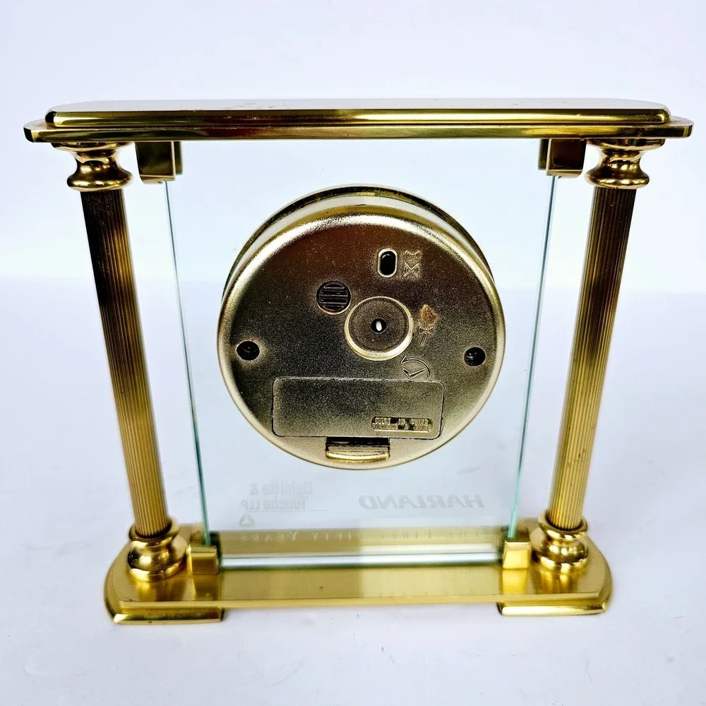 Vintage Benchmark Quartz Desk Clock Gold Tone Glass Harland Deloitte Fifty Years